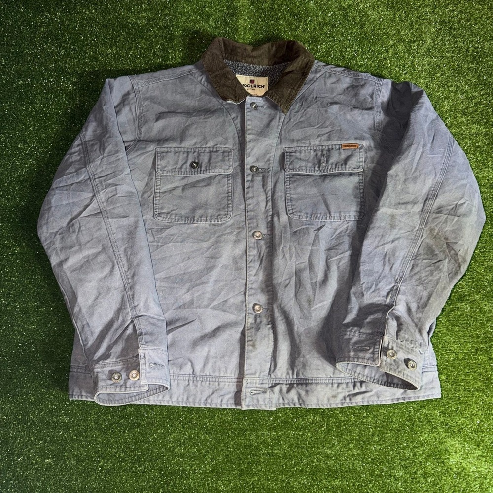 Woolrich Mens XXL Blue Canvas Work Jacket Corduroy Collar Fleece Lined Faded